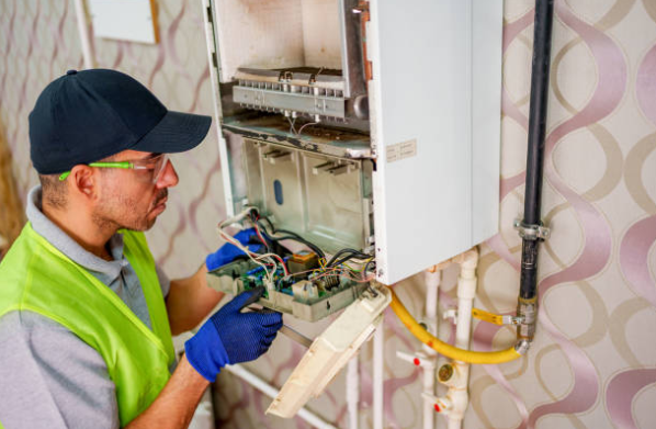HVAC technician repairing internal wiring and components inside a wall-mounted gas boiler system.